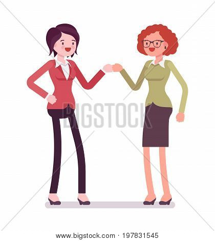 Businesswomen fist bump. Acceptable friendly behavior in an office environmen, wearing smart casual. Vector flat style cartoon illustration, isolated, white background