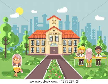 Stock vector illustration back to school character schoolgirl schoolboy pupil sitting on grass, exterior schoolyard, girl reads book doing homework, boys play chess gymnasium background in flat style