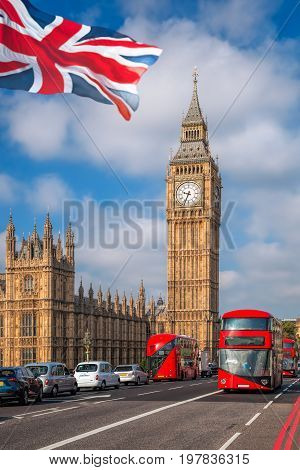 London With Red Buses Against Big Ben In England, Uk