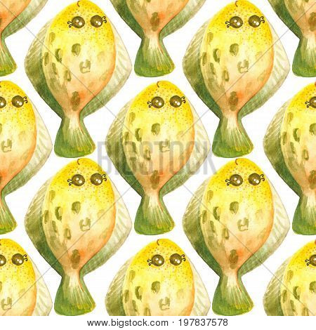 Seamless pattern with cute green cartoon flatfish