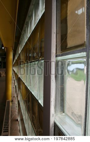 perspective of a wall of block glass windows