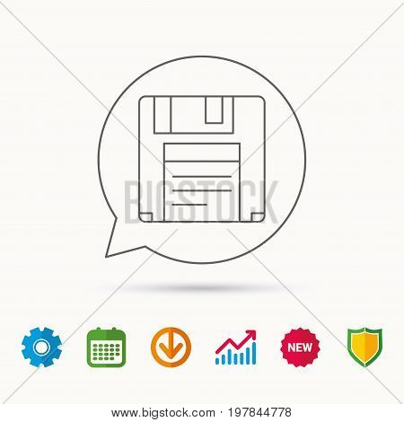 Floppy disk icon. Retro data storage sign. Calendar, Graph chart and Cogwheel signs. Download and Shield web icons. Vector