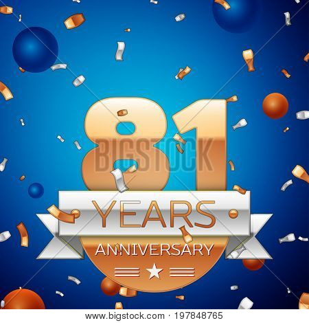 Realistic Eighty one Years Anniversary Celebration Design. Golden numbers and silver ribbon, confetti on blue background. Colorful Vector template elements for your birthday party
