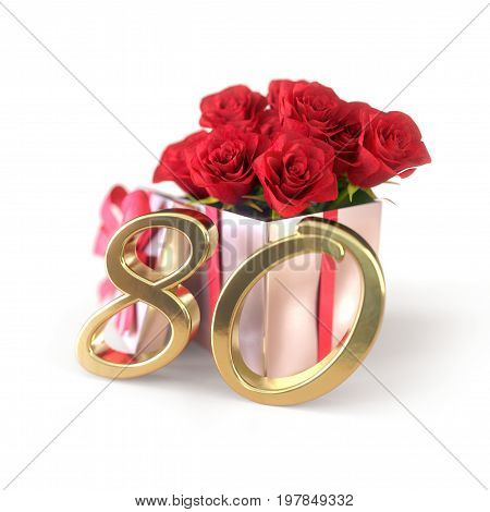 birthday concept with red roses in gift isolated on white background. 3D render - eightieth birthday. 80th
