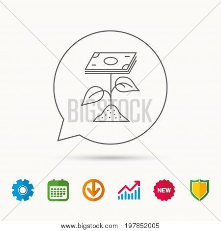 Profit icon. Money savings sign. Flower with cash money symbol. Calendar, Graph chart and Cogwheel signs. Download and Shield web icons. Vector