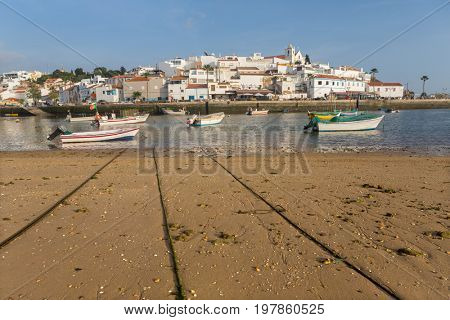 FERRAGUDO, PORTUGAL - APRIL 24, 2017: Picturesque view of Ferragudo fishing village in Algarve, Portugal