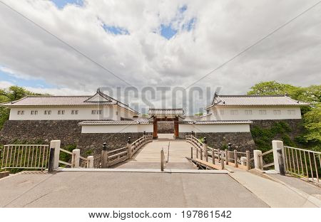 YAMAGATA JAPAN - MAY 28 2017: Reconstructed (1991) complex of Eastern Main Gate (inner and outer gates and tower) of Yamagata Castle (founded in 1356). National historical site of Japan since 1986