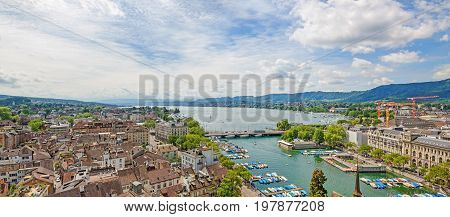 Panorama of Lake Zurich City of Zurich river Limmat and Lake Zurich (Zurichsee)