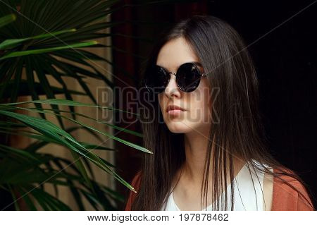Close Up Portrait Young Girl In White Shirt Jeans And Sunglasses