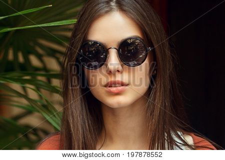 Close Up Portrait Young Girl In White Shirt Jeans And Sunglasses