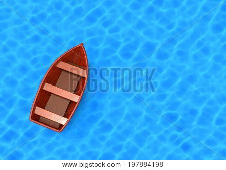 3d rendering. brwon wood boat floating on the blue sea