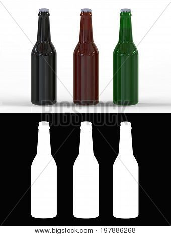 3d illustration. set of black brown and green beer bottle on white background with alpha mask