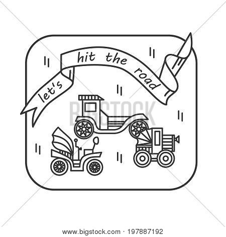 Vector linear icon with retro cars and flag.
