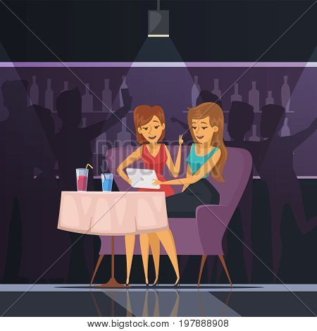 Selfie in cafe with women tablet table and drinks flat vector illustration