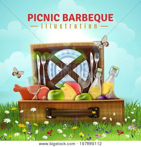Picnic barbecue design with food, drink and tableware in open suitcase laying at flower meadow vector illustration