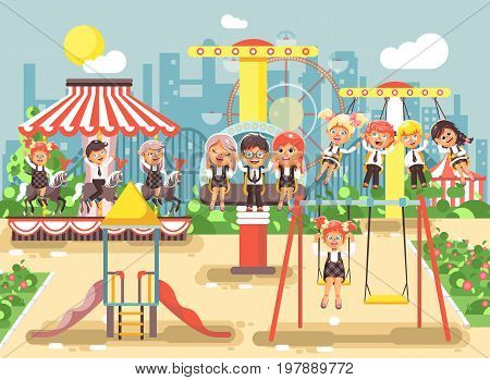 Stock vector illustration of cartoon characters children schoolboys schoolgirls classmates resting in amusement park ride on swing, chain or horses carousel, roller coaster, extreme rest in flat style