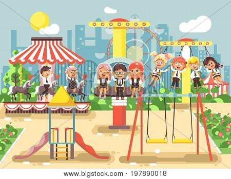 Stock vector illustration of cartoon characters children schoolboys schoolgirls classmates resting in amusement park ride on swing, chain or horses carousel, roller coaster, extreme rest in flat style