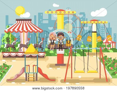 Stock vector illustration of cartoon characters children schoolboys schoolgirls classmates resting in amusement park ride on swing, chain or horses carousel, roller coaster, extreme rest in flat style