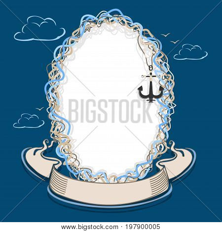 Marine frame of the entangled ropes with ship gear. Vintage vector illustration with ribbon.