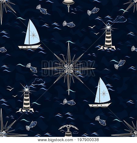 A sea seamless pattern with a wind rose, a sailboat and a lighthouse. Vector illustration.