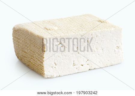 Single Block Of White Tofu Isolated On White.