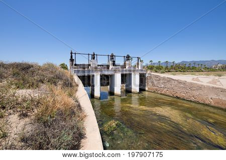 Open Sluices In Waterway River In Castellon