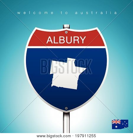 An Sign Road America Style with state of Australia with Green Turquoise background and message ALBURY and map vector art image illustration