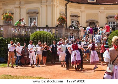 Buchlovice Czech Republic July 29 2017: Baroque chateau Buchlovice whose construction started before 1700. Opening of gardens on the occasion of traditional celebrations of the garlic harvest.