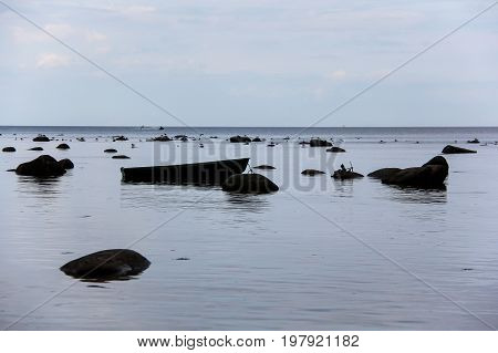 Baltic Sea with stones, sea gulls and a fishing boat in Kaltene, Latvia