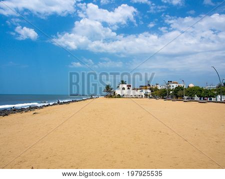 Seascape and Landscape at the Promenade of Pondicherry Beach, India