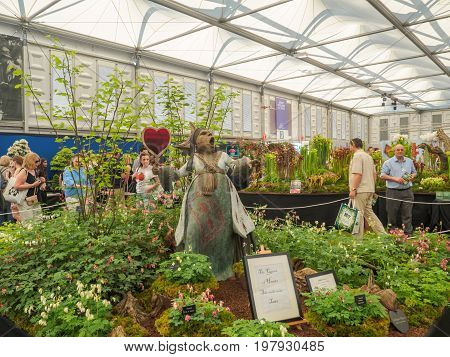 LONDON UK - MAY 25 2017: RHS Chelsea Flower Show 2017. The Queen of Hearts sculpture at the Letham Plants display in the Great Pavilion.