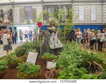 LONDON UK - MAY 25 2017: RHS Chelsea Flower Show 2017. The Queen of Hearts sculpture at the Letham Plants display in the Great Pavilion.