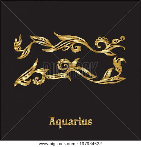 Embroidery with zodiac sign. In gold on black background.  Stock line vector illustration.