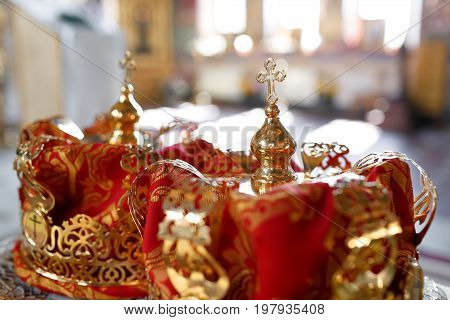 Crown for Wedding in Orthodox church gold. the ceremony in the Church