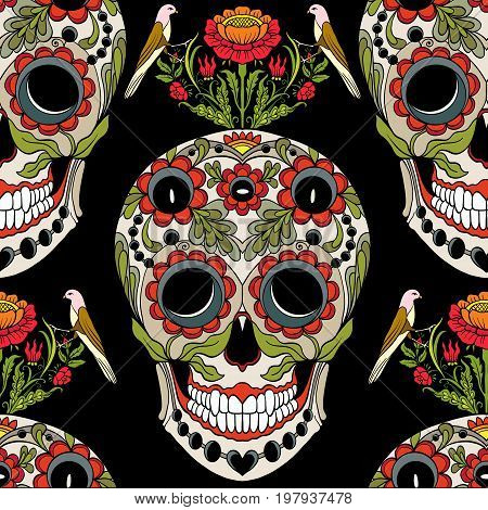 Seamless pattern, background with sugar  skull and floral pattern. Stock line vector illustration.