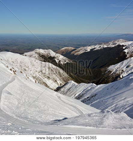 Vertical Panorama of The Canterbury Plains from the Mount Hutt Ski Field in New Zealand.