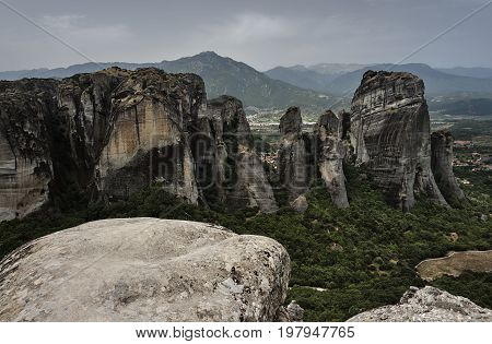 Meteora rocks from sandstone and conglomerate in Greece on the Thessalian plain