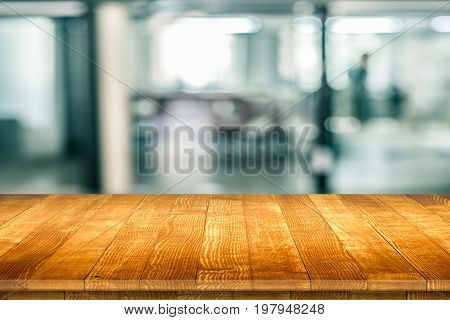 Fitted wooden worktop surface. Empty kitchen wooden table space platform.