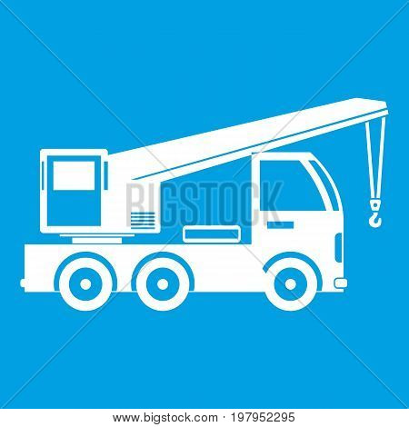 Truck mounted crane icon white isolated on blue background vector illustration