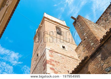 Fortress In The City Montbrio Del Camp, Tarragona, Catalunya, Spain. .blue Background. Copy Space Fo