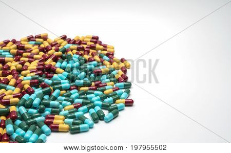 Colorful of antibiotic medicine capsule pills drug resistance with copy space