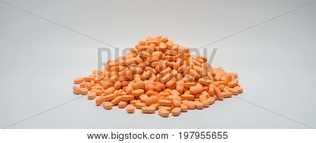 Pile of muscle relaxant pain relief tablet pills copy space