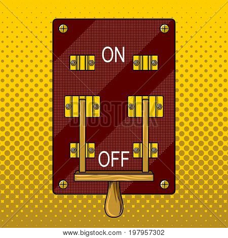 Huge electric knife switch off pop art retro vector illustration. Comic book style imitation.
