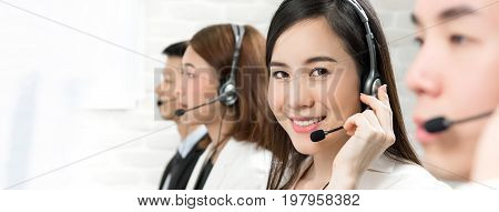 Asian telemarketing customer service agents call center job concept - panoramic banner