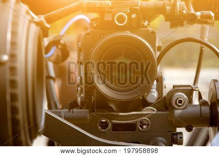 detail of Video camera viewfinder, film crew production, behind the scenes background