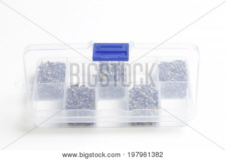 Dried Flowers Of Lavender. The Cells Of The Container Are Filled With Dried Lavender Inflorescences