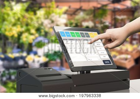 human hand working with cashier register machine