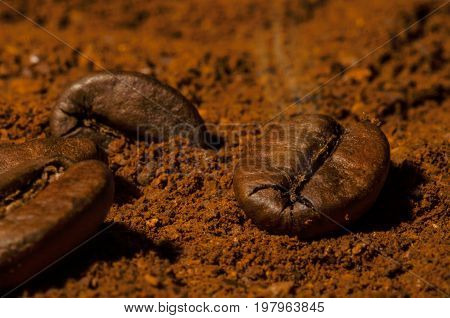 Coffee granules with little smoke and coffee ground on teh background