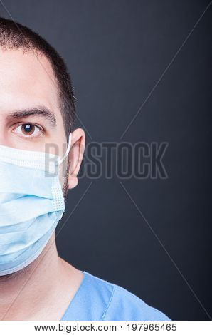 Close-up Half Face Of Doctor Wearing Scrubs And Sterile Mask