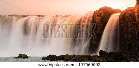 Godafoss waterfall at sunset time, northern Iceland.